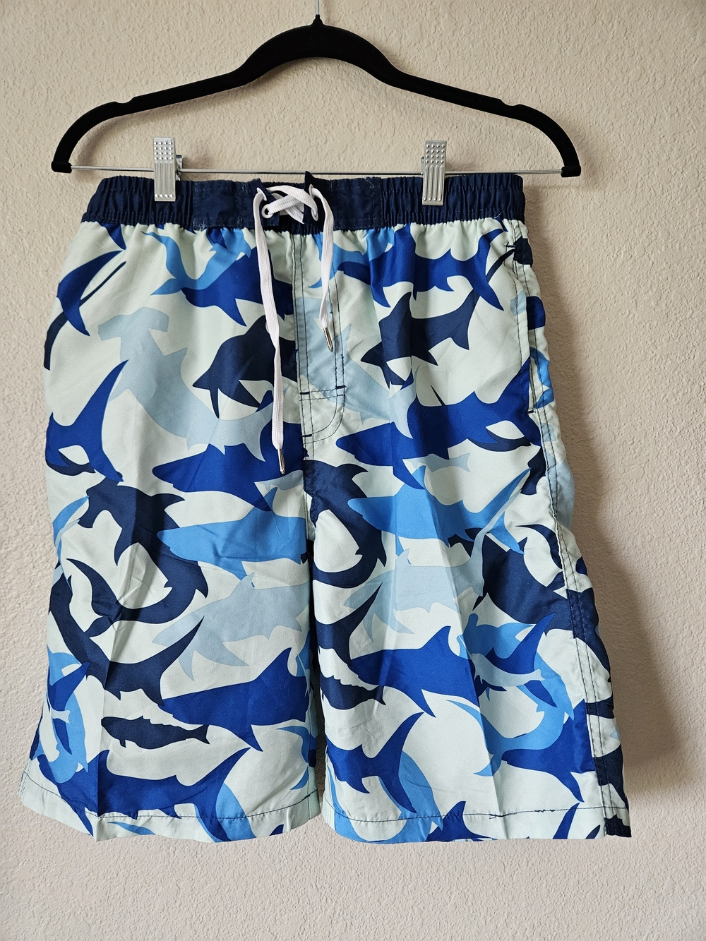 Boys Xxl Size 18-20 Blue Shark Print Swim Trunks Like New